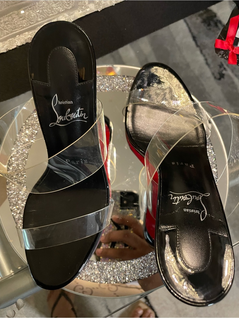 Christian Louboutin Black and Red Clear Strap Glitter Platform Heels - Picture 4 of 9